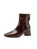 Botas femininas de tornozelo com salto grosso de couro bovino de duas camadas, novo estilo outono e inverno, bico quadrado, zíper traseiro, botas curtas justas de salto médio