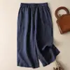 Nuevos Pantalones de Verano para Mujer de Siete Puntos de Algodón Lino Tencel de Cintura Alta Adelgazantes de Pierna Ancha con Cintura Elástica Suelta Casual Rectos