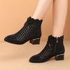 Botines Cortos de Piel Genuina Suave con Cremallera Lateral Sandalias de Estilo Nuevo para Verano Malla Hueca Puntiagudas Tacón Grueso Pedrería de Moda Sandalias Versátiles