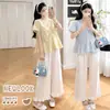 Novo Conjunto de Verão para Maternidade 2026 Estilo Coreano Decote V Elegante Babydoll Ruffle + Calça Wide-Leg para Maternidade