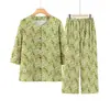 Roupas para mulheres de meia-idade e idosas conjunto de cardigã de sete mangas com gola redonda roupa de mãe floral solto de verão fino de algodão e linho roupa de avó