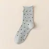 Meias de Outono e Inverno com Borda Enrolada e Bolinhas Ins Tendência Coreana Meias Creme de Cano Médio Absorventes de Suor Respiráveis Meias de Fio de Terry Meias de Algodão