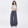 Pantalones Casuales de Cuadros Azules Finos Estilo Retro Americano para Mujer, Nuevo Estilo de Verano, Pantalones Anchos Sueltos de Tiro Bajo, Pantalones Largos Blancos