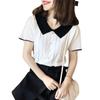 Boneca Collar Top Verão Chanel Estilo Ice Seda Manga Curta Cintura Alta Cintura Curta Botão Lapela Polo Suéter de Malha