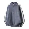 Suéter com zíper parcial 2026 para homens, malha com gola alta, suéter simples de lã, suéter pullover color-block para homens