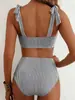 Nuevo conjunto de bikini de dos piezas con lazada para mujer, estilo europeo y americano transfronterizo 2026, traje de baño a rayas de cintura alta, conjunto de dos piezas para mujer