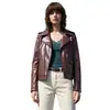 Jaqueta de couro biker vintage estilo francês cor bordô para mulheres petite, com gola reversa, zíper metálico, acinturada, jaqueta curta de couro versátil