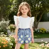 Conjunto de Dos Piezas de Verano 2026 para Niñas: Top de Malla con Mangas de Mariposa y Shorts de Mezclilla con Margaritas, Estilo Coreano Casual