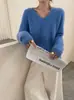 Textura tipo nuvem26 Suéter de Tricô com Decote V de Manga Longa em Lã e Cashmere Atmosférico Outono/Inverno para Mulheres, Pulôver Liso