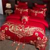 Capa de edredom de algodão de fibra longa com bordado dragão e fênix vermelha, conjunto de quatro peças, roupa de cama vermelha de casamento