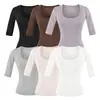 Camiseta de Lyocell Tencel con Cuello en U y Mangas Medias para Mujer 2026 Verano Única Elegante Chic Top Básico Ceñido a la Cintura
