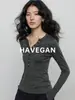Yu Jian HAVEGAN / Camiseta de Punto Manga Larga Cuello Henley Otoño Mezcla de Lana Elástica Estilo Old Money Perezoso para Mujer