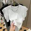 Camiseta azul de manga corta para mujer, diseño moderno y único, mangas abullonadas de verano, caliente y elegante, top chic de manga corta