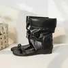Botas estilosas da mamãe de uva para mulheres, com 4,5 cm de elevação, color blocking Meilade, tira única, botas para perna de calça, botas femininas amassadas empilhadas