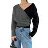 Top de Malha Estilo Coreano Gola V Costura Cor Contrastante Outono e Inverno Novo Design Botão Diagonal Padrão de Cânhamo Efeito Emagrecedor Suéter Off-Shoulder