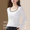 Camisa Básica Gola Quadrada para Mulheres, Estilosa para Outono e Inverno, Manga Longa, Bloqueio de Cores, Camada Interna, Camada Versátil com Forro de Fleece, Slim Fit