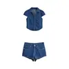 Roupas Femininas Europeias e Americanas Transfronteiriças AliExpress Venda Quente Moda Casual Gola Lapela Manga Curta Top Plissado + Conjunto de Shorts