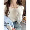Nueva Camiseta Base Blanca para Mujer Otoño Invierno Ropa Interior Cuello Redondo Manga Larga Top de Punto Suéter Muy Bonito