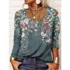 Outono e Inverno 2025 Europeu e Americano Transfronteiriço Amazon Wish Nova Exportação Camiseta Feminina de Manga Longa Estampada com Decote V Larga Solta para Mulheres