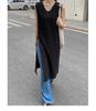 Vestido sin mangas de estilo nuevo de verano 2026 japonés y coreano, cuello en V simple, vestido tipo tank, lino, abertura, hasta la rodilla, color sólido, vestido de algodón y lino para mujer