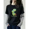 Outono 2026 Item Quente Camiseta Manga Longa Patchwork Falsa de Duas Peças Feminina Moda INS Estilosa Versátil Emagrecedora Top Azul Escuro