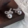 Brincos de Renda com Laço e Pérolas Estilo Novo para Mulheres, Moda Francesa, Brincos de Luxo Leve, High-End, Brincos Versáteis para Trabalho e Deslocamento