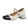 Zapatos Mary Jane de Cuero, Faldas, Perlas, Accesorios Rectangulares Versátiles de Nueva Altura, Zapatos de Tacón Medio para Primavera y Otoño 2025 para Mostrar Piernas