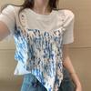 Estilo dulce nuevo estilo sentido de diseño francés nicho falso dos piezas teñido anudado manga corta tejido irregular dulce y picante top mujeres