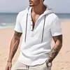 2026 Verano Transfronterizo Amazon Camisa Casual de Manga Corta Lisa 3D para Hombre con Capucha y Cordón Cárdigan Fruncido Tendencia