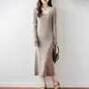 Vestido de Lana con Cuello en U Siping Long Transfronterizo para Mujer Otoño Invierno Ropa Interior Falda Plisada Suéter de Punto Base para Mujer