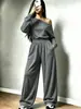 721 Outono/Inverno Novo Cruzamento de Fronteira Europeu e Americano Roupas Femininas: Conjunto de Duas Peças: Moletom Justo com Gola Off-Shoulder e Cintura Marcada + Calça Wide Leg com Bolsos