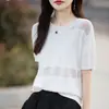 Camiseta Feminina de Algodão Puro com Gola Redonda, Tricô Vazado, Manga Curta, Nova Versátil de Verão, Top Fino de Manga Curta Estilo Coreano