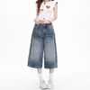 Jeans cropped vintage de cintura alta, lavados, para mulheres, novo estilo de verão, calças largas relaxadas e que afinam, estilosas