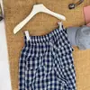 Calça xadrez versátil estilo japonês com textura de bolhas, que rejuvenesce, para mulheres, fina de verão, cintura elástica, folgada, modeladora, cropped, casual