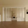 Puerta corredera de tres paneles negra retro estilo francés para cocina, sala de estar y balcón, puerta móvil de vidrio de aleación de aluminio