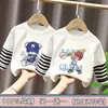 Camiseta de Algodão Puro para Meninos Primavera e Outono Novo Estilo para Crianças Maiores, Manga Longa Listrada Patchwork Versátil, Estiloso Top Dois em Um para Meninos