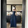 Elegante Vestido Largo Azul Marino Estilo Francés para Sesión de Fotos de Vacaciones en la Playa, Vestido Largo Ceñido a la Cintura para Sesiones de Fotos