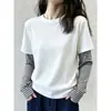 Camiseta de Manga Larga con Patchwork de Rayas, Falso Dos Piezas, Algodón Puro, Hombro Normal, para Mujer, Moda de Gama Alta, Versátil, Color Gris Oscuro, Otoño