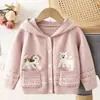 Conjunto de Chicas Otoño e Invierno Estilo Nuevo Lindo Perro Jacquard Sudadera con Capucha Chaqueta para Mujer Holgado Rosa Tejido Conjunto de Dos Piezas