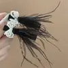 Azul marinho denso! Grampo de cabelo de pena com laço de pérola! Acessórios de cabelo com franja tipo bico de pato, novos para o cabelo