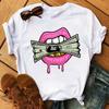 Camiseta de manga corta para mujer moda labios estampados estación independiente talla europea talla grande camiseta básica cuello redondo