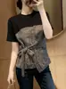 Top Color Block Elegante de Manga Curta com Design de Nicho Leve e Maduro para Mulheres, Conjunto de Camisetas Duas Peças Estiloso Plus Size de Verão