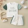 Conjunto de Verão 2025 de Algodão Tricotado com Letra e Estampa Dude, Manga Curta, Bloco de Cores, Camiseta e Shorts para Bebês e Crianças Pequenas