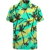 Camisa Casual de Manga Corta con Botones para Hombre con Estampado de Atardecer Tropical y Diseño Vibrante de Palmera y Océano