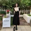 Vestido de Cor Contrastante para Mulheres, Novo Estilo Verão 2026, Gola Polo, Design de Costura com Zíper, Ajuste na Cintura, Emagrecimento, Vestido com Fenda