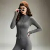 Conjunto de yoga adelgazante para mujer, chaqueta deportiva con cremallera y cuello alto, pantalones de yoga de cintura alta para control de abdomen, conjunto para correr y fitness al aire libre