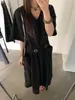 Wensen Online Estilo Coreano Vestido Casual Holgado de Cuello en V para Mujer Verano Bolsillo con Solapa Diseño Pantalón Falda Larga de Manga Corta 69682