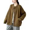 Foto real de chaqueta tipo cárdigan de punto de algodón de color liso, estilo casual para mujer de talla grande, otoño, holgada, con cuello alto, manga larga