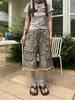 Shorts Camuflados Estilo Retro Americano do Fabricante Original para Homens e Mulheres com Múltiplos Bolsos, Cordão na Cintura Elástica, Corte Solto Street Style, Comprimento de Sete Pontos, Roupa de Trabalho