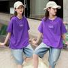 [100% algodão puro] Roupa de verão para meninas 200g T-shirt simples com estampa de código de barras moda de manga curta infantil ins